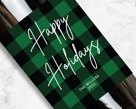 Happy Holidays Wine or Champagne Label, Green Flannel, Personalized Gift