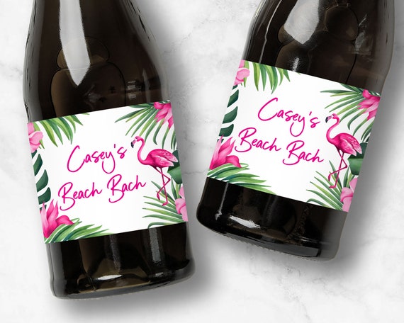 Beach Bach Champagne Labels, Personalized Flamingo Bachelorette Favors