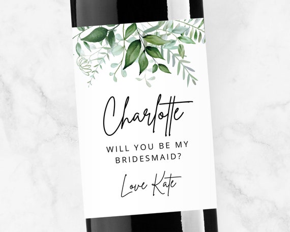 Bridesmaid Proposal Wine Label, Green Leaves, Mini or Full