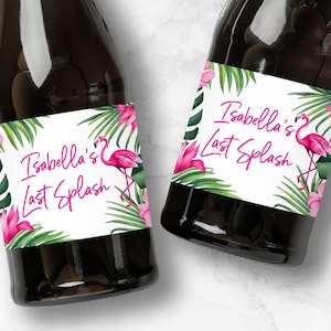 Last Splash Champagne Labels, Personalized Tropical Pink Flamingo Bachelorette Favors image 1