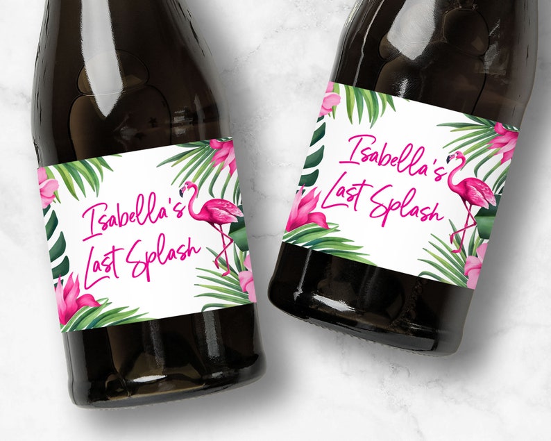 Last Splash Champagne Labels, Personalized Tropical Pink Flamingo Bachelorette Favors image 1