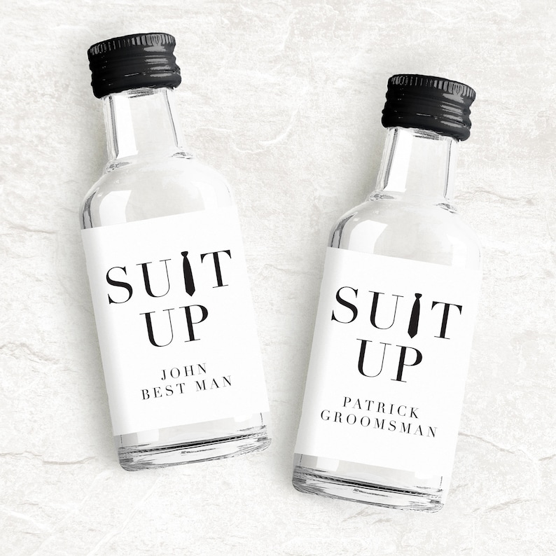 Suit Up Mini Liquor Bottle Labels with Tie | Personalized Groomsman Proposals