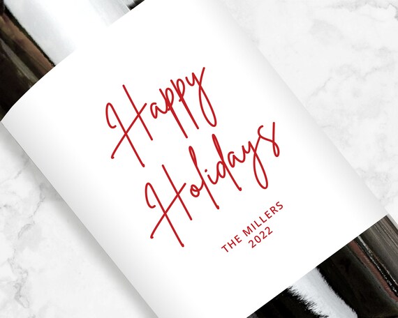 Personalized Happy Holidays Wine or Champagne Label, Modern Text