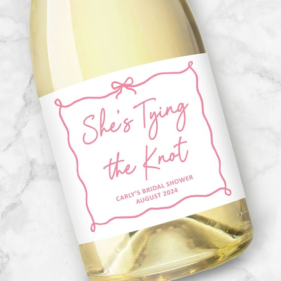 Shes Tying the Knot | Custom Wine or Champagne Labels | Ribbon Pink Bow Bridal Shower Favors