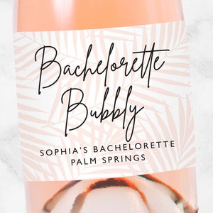 Tropical Champagne Labels, Bachelorette Party Favors, Mini or Full, Pink Palm Leaves