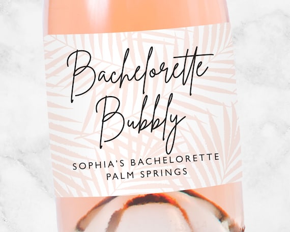 Tropical Champagne Labels, Bachelorette Party Favors, Mini or Full, Pink Palm Leaves