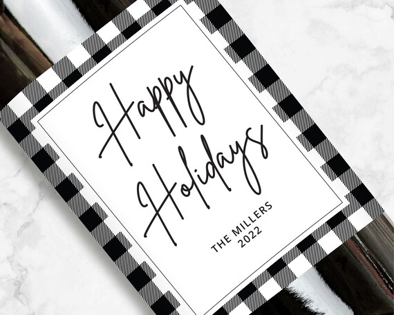 Happy Holidays Wine or Champagne Label, White Flannel, Personalized Gift