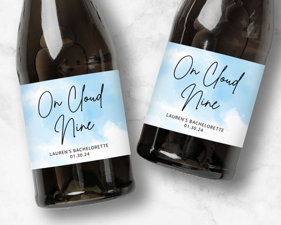 On Cloud Nine Champagne Labels, Personalization Available, Cloudy Blue Sky