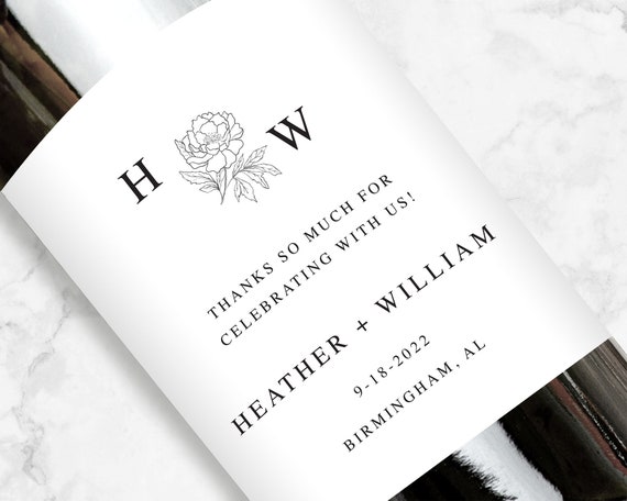 Monogram Wine Label, Floral Wedding Guest Favors, Newlywed Keepsake