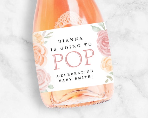 Going to Pop Champagne Labels, Floral Baby Shower Favors