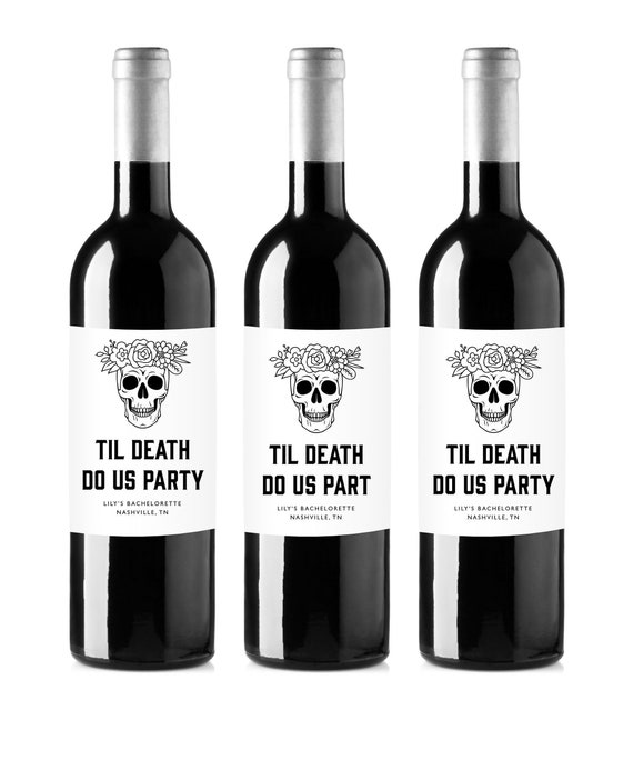 Til Death Do Us Part Wine Labels, Floral Skull, Personalized, Bachelorette Party Favors