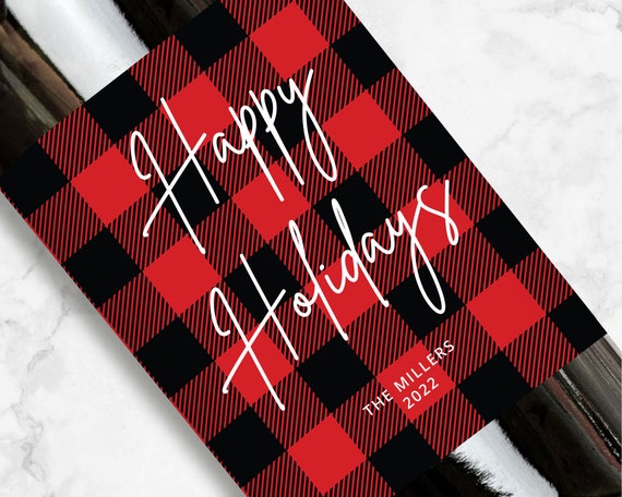 Happy Holidays Wine or Champagne Label, Red Flannel, Personalized Gift