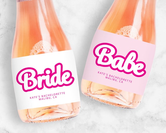 Magenta Pink Champagne Labels, Bride, Babe, Mini or Full