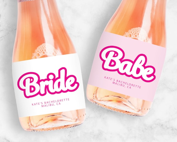 Magenta Pink Champagne Labels, Bride, Babe, Mini or Full