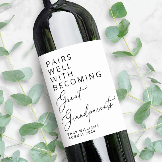 Baby Announcement Wine Labels | Pairs Well With Becoming Great Grandparents | Personalized Gift