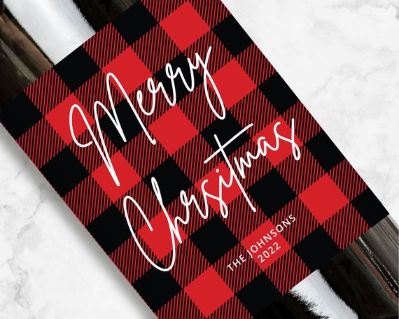 Merry Christmas Wine or Champagne Label, Red Flannel, Personalized Gift