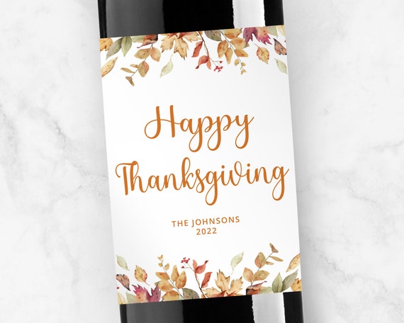 Happy Thanksgiving Personalized Label, Wine or Champagne, Traditional Font