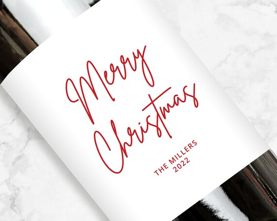 Personalized Merry Christmas Wine or Champagne Label, Modern Text