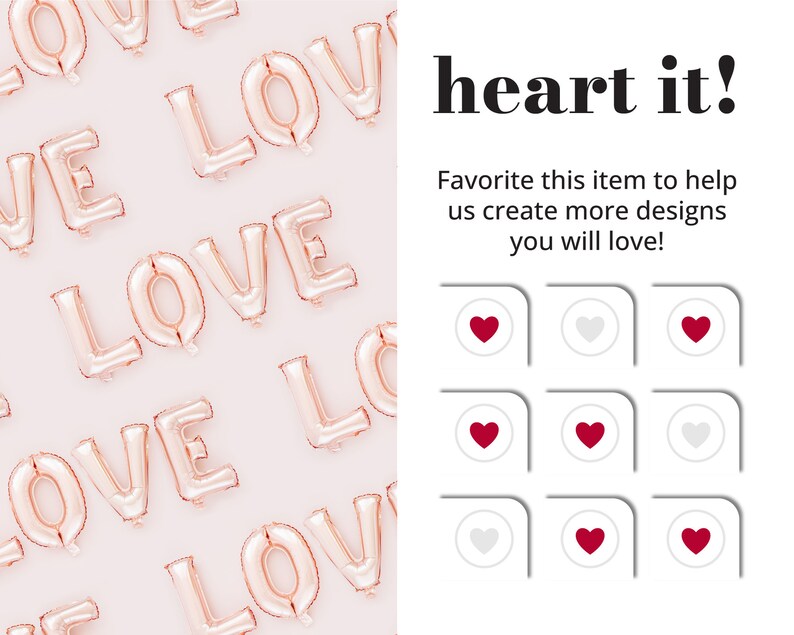 Peut inclure: Ballons en forme de lettres en feuille d'or rose &eacute;pellant le mot "LOVE" sur un fond rose clair. L'image comprend le texte "heart it!" et un appel &agrave; l'action pour ajouter l'article &agrave; vos favoris afin de contribuer &agrave; la cr&eacute;ation de plus de designs.