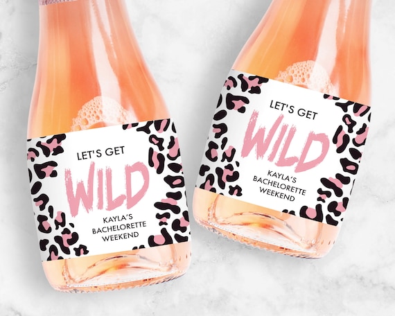 Pink Leopard Champagne Labels, Let's Get Wild Bachelorette or Birthday Party Favors