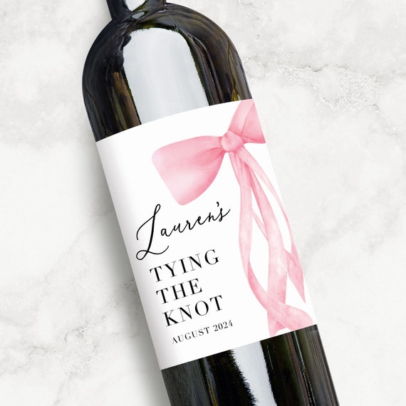 Custom Bow Bridal Shower Wine Labels | She's Tying The Knot Bachelorette Party Favors | Coquette Pink Bow