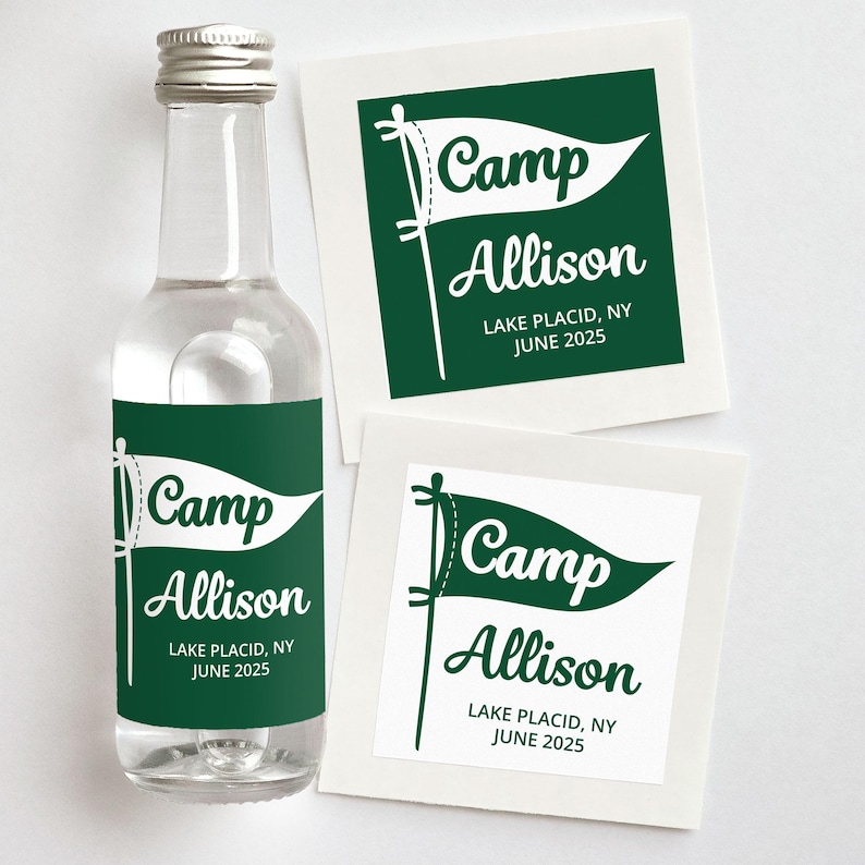Camp Bachelorette Favors | Custom Shooter Labels with Pennant Flag | Personalized Camp Bach Bridesmaid Gifts
