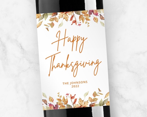 Happy Thanksgiving Personalized Label, Wine or Champagne, Modern Font
