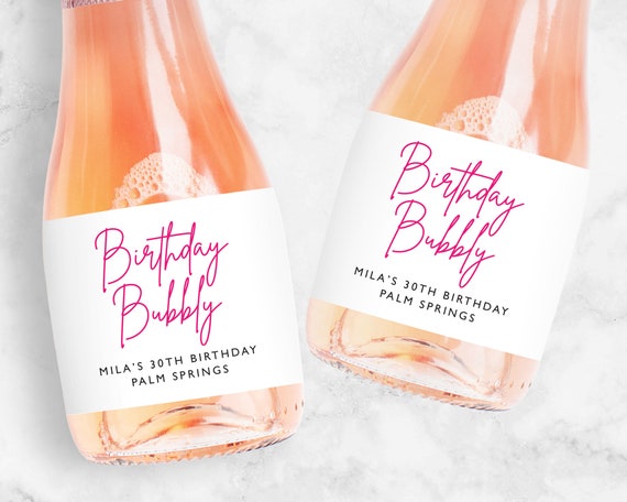 Hot Pink Birthday Bubbly Champagne Label, Party Favors, Mini or Full