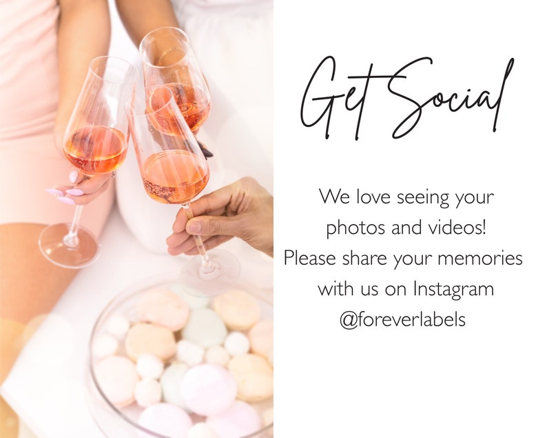 Op de afbeelding: Drie glazen roze wijn worden opgeheven in een toast. De glazen zijn helder en hebben een lange steel. De afbeelding bevat de tekst "Get Social" en "We love seeing your photos and videos! Please share your memories with us on Instagram @foreverlabels".