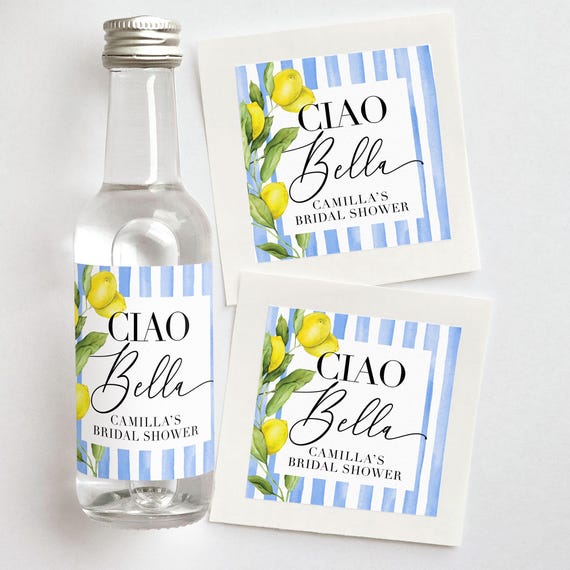 Ciao Bella Custom Shooter Labels | Citrus Bridal Shower Favors with Blue Stripes