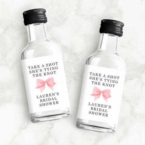 She's Tying the Knot | Custom Mini Liquor Bottle Labels | Pink Bow Bridal Shower Favors