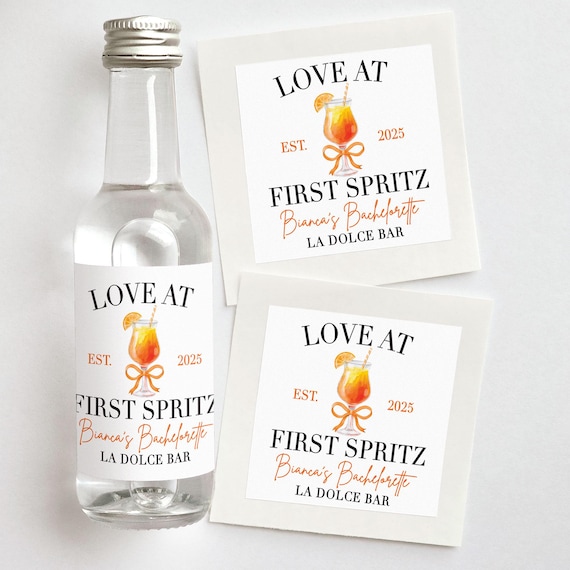 Love at First Spritz Custom Shooter Labels | Citrus Bachelorette Favors