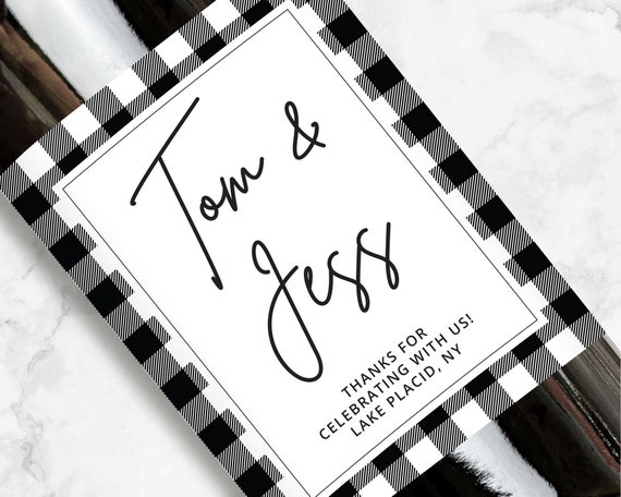 Couple Names Wine or Champagne Label, Black and White Flannel, Wedding or Joint Bachelorette Party Favors