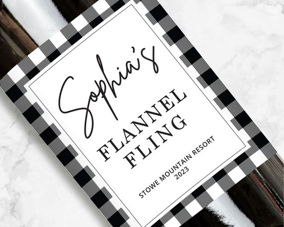 Personalized Flannel Fling Wine or Champagne Label, Black & White Flannel, Bachelorette Party Favors