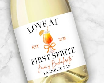 Love at First Spritz Custom Wine Label Favors for Citrus Bachelorette or Bridal Shower