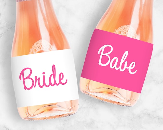 Pink Malibu Champagne Labels, Bride, Babe, Mini or Full