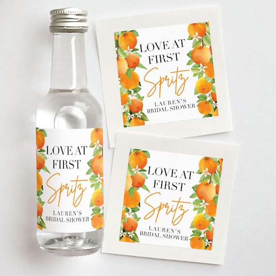 Love at First Spritz Custom Shooter Labels | Citrus Bridal Shower Favors with Fresh Orange Border