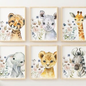 6 Safari Animal Nursery Prints, Wildflowers, Girl Nursery Jungle Animals, Elephant Lion Giraffe Cheetah, Nursery Decor, Baby Shower Gift,