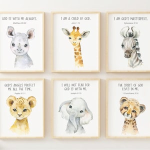 Kid&#39;s Bible Verse Prints, Safari Animal Prints, Christian Wall Decor, Baby Nursery Wall Art, Nursery Animal Print, Kids Room Decor, Boy Girl