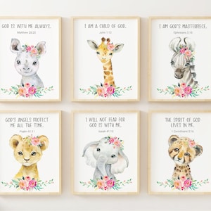 Kid&#39;s Bible Verse Prints, Safari Animal Prints, Christian Wall Decor, Baby Girl Nursery Wall Art, Nursery Animal Print, Kids Room Decor,