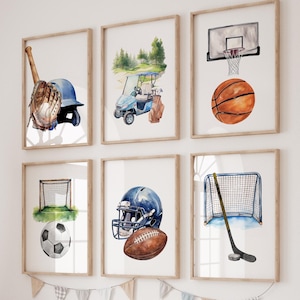 Arte mural de galería deportiva en acuarela, decoración de fútbol, béisbol, baloncesto, hockey, fútbol y golf, juego de impresiones deportivas para guardería, regalo para amantes de los deportes.