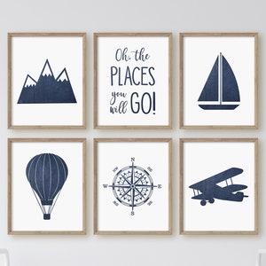 Wanderlust Nursery Decor, Adventure Nursery Wall Art, Travel Nursery Prints, Mountains, Sailboat, Airplane Print, Navy Nursery Art, Compass,