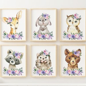 Baby Girl Nursery Wall Art, Lavender Pink Floral Prints, Woodland Animal Prints, Girls Room Decor, Nursery Animal Print, Kids Room Decor,