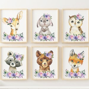 Baby Girl Nursery Wall Art, Lavender Pink Floral Prints, Woodland Animal Prints, Girls Room Decor, Nursery Animal Print, Deer, Bear, Fox,