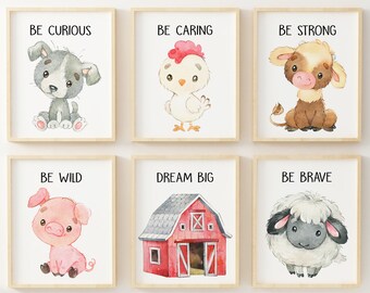 Set of 6 Farm Animal Wall Art, Nursery Prints, Kids Room Decor, Nursery Farm Animals, Playroom Prints, Watercolor Animals, Childrens Art,