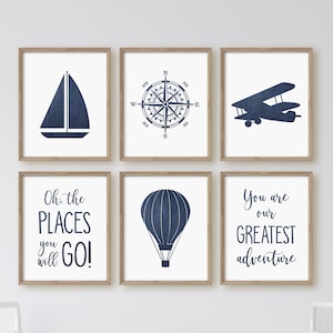 Travel Nursery Prints, Wanderlust Nursery Wall Art, Boys Room Decor, Navy Nursery Art, Adventure Nursery Wall Art, Oh de plaatsen waar je naartoe gaat,
