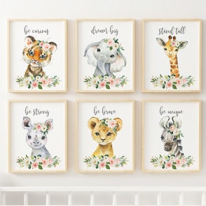 Blush Pink Floral Safari Animal Prints, Nursery Wall Decor, Watercolor Jungle Animals, Baby Shower Gift, Elephant, Giraffe, Pink Flowers,
