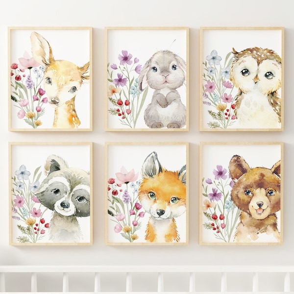 6 Woodland Animal Nursery Prints, Wildflowers, Girl Nursery Forest Animals, Deer Owl Raccoon Fox Bunny, Nursery Decor, Baby Shower Gift,