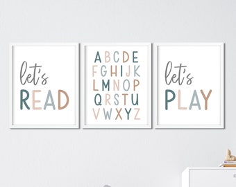 Let's Play Let's Read Prints, Alphabet Print, Boy Toddler Playroom Wall Art, Playroom Poster, Playroom Signs, Kids Room Decor, Homeschool