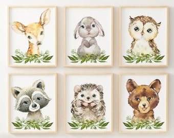 6 bosques animal prints, vivero Animal Print, decoración de la habitación de los niños, arte de la pared del vivero del niño del bebé, decoración de la pared de la habitación de los niños, impresiones de la guardería de la vegetación,